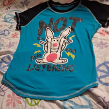 Happy Bunny Unisex Size 8 Blue/Black Raglan Tee Rabbit Graphic Print Glitter