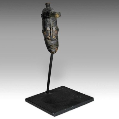 AFRICAN CAST BRONZE MINIATURE MASK STAND DOGON MALI WEST AFRICA EARLY 20TH C.