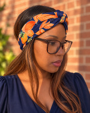 Japanese Kimono Fabric Twisted Turban Headband Navy Orange Floral One of a Kind