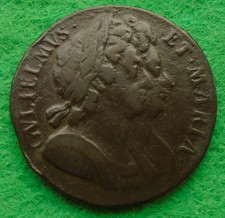 1694 William and Mary Halfpenny, nice grade, good portraits   (N-421)