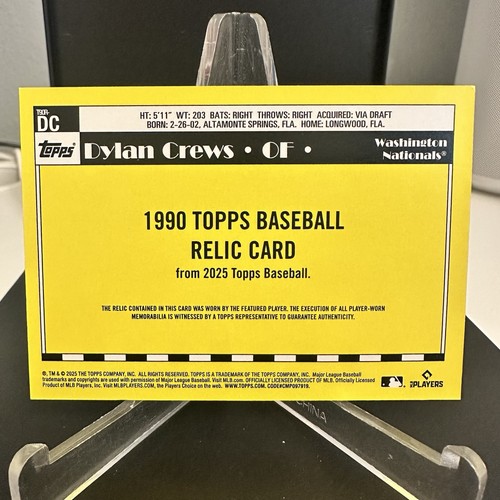 2025 Topps Series 1 Dylan Crews 1990 Player Worn Relic RC #T90R-DC Nationals - Bild 2 von 2
