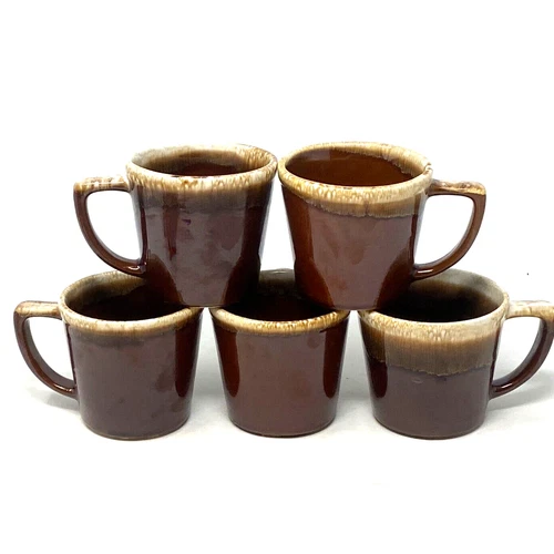 Vintage MCM McCoy Brown Pottery Drip Glaze Coffee Mugs Cup Lot of 5 D Handle USA