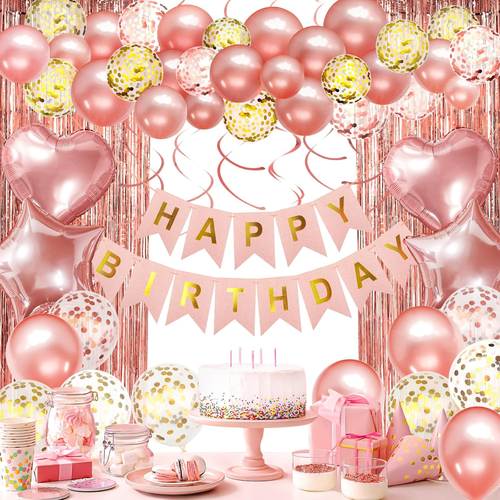 Pink Birthday Decorations Banner Confetti Balloons Fringe Curtain Heart Foil - Picture 10 of 21