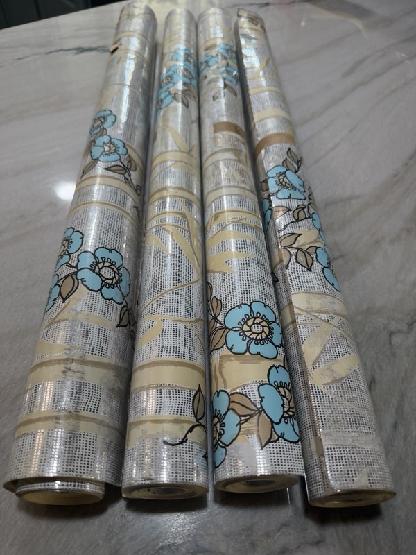 Vintage Foil Wallpaper  4 Rolls Blue Flowers 26” Wide Never Cut
