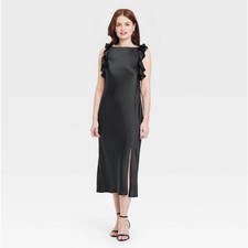 A New Day Ruffle Sleeve Satin Maxi Dress Modern Women Size S Black Solid New