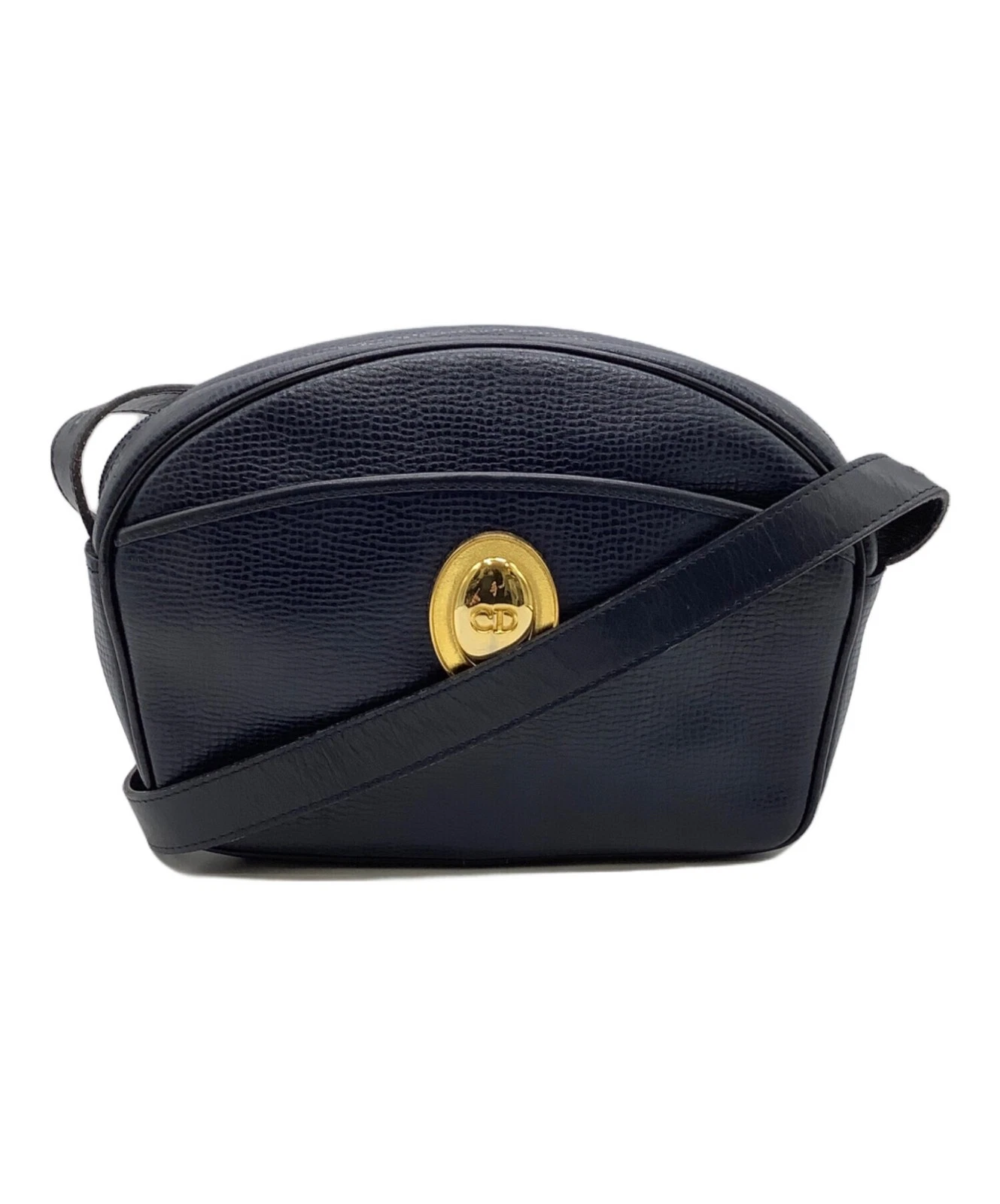 Sac bandoulière Christian Dior cuir logo CD ton or métal zippé bleu marine
