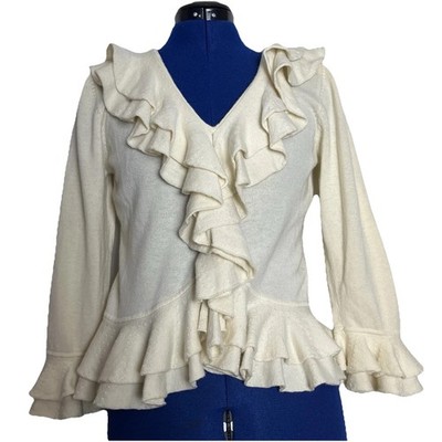 Emanuel Ungaro 100% CASHMERE Cream Ivory Ruffled Sweater Sz Large 