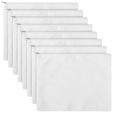 8 Pack Blank Canvas Makeup Bag, White 12 x 9 Inch Zipper Pouch