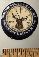 PASSAIC LODGE BPOE Elks No. 387 Pinback Button, CARNIVAL& BAZAAR 1904 Paper Back