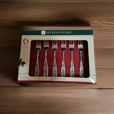 6 Piece International HOLIDAY VINE Holly Berry Stainless Flatware Cocktail Forks