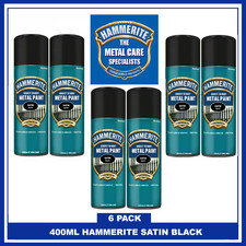 6 x Hammerite SATIN BLACK 400ml Direct To Rust Smooth Quick Drying Spray Paint