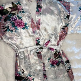 Beautiful Long Kimono Robe Silky Like Asian Inspired Birds Flowers Sexy