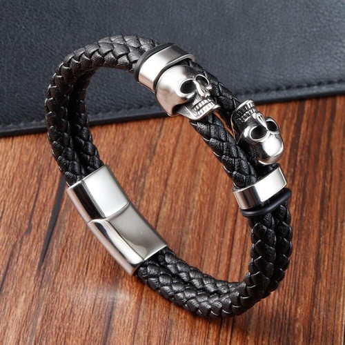 Pulsera Calavera Acero Inoxidable Cuero Trenzado Esqueleto Pulsera Punk Joyería - Imagen 11 de 35