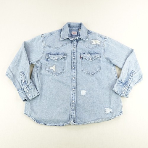 Levis Shirt Womens Medium Blue Denim Jean Western Pearl Snap Shacket Distressed