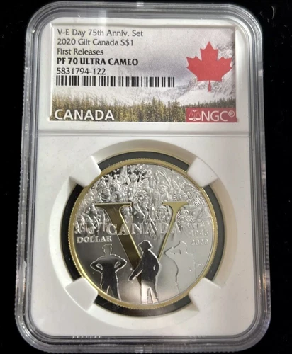 2020 $1 CANADA SILVER DOLLAR 75TH V-E VE-DAY NGC PF70 UCAM PROOF Gold Gilt