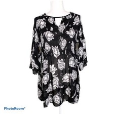 Image of Roaman's Plisse Floral Print Bell Sleeve Tunic Black and White Size 12W NWOT