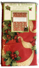 Christmas Holly Ribbons Curtains and Valance Printed Red Holiday 3 Piece Set