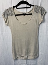 EXPRESS EMBELLISHED Rhinestone Shoulder Short Sleeve Women  s Beige Sweater Sz XS