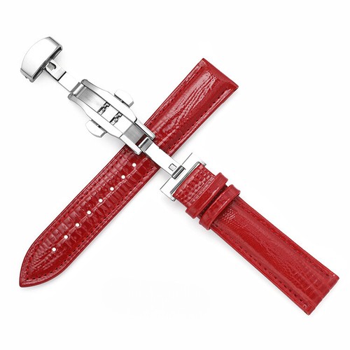 Butterfly Buckle Patent Glossy Lizard Echtleder Uhrenarmband Armband 12-24 mm - Bild 9 von 13