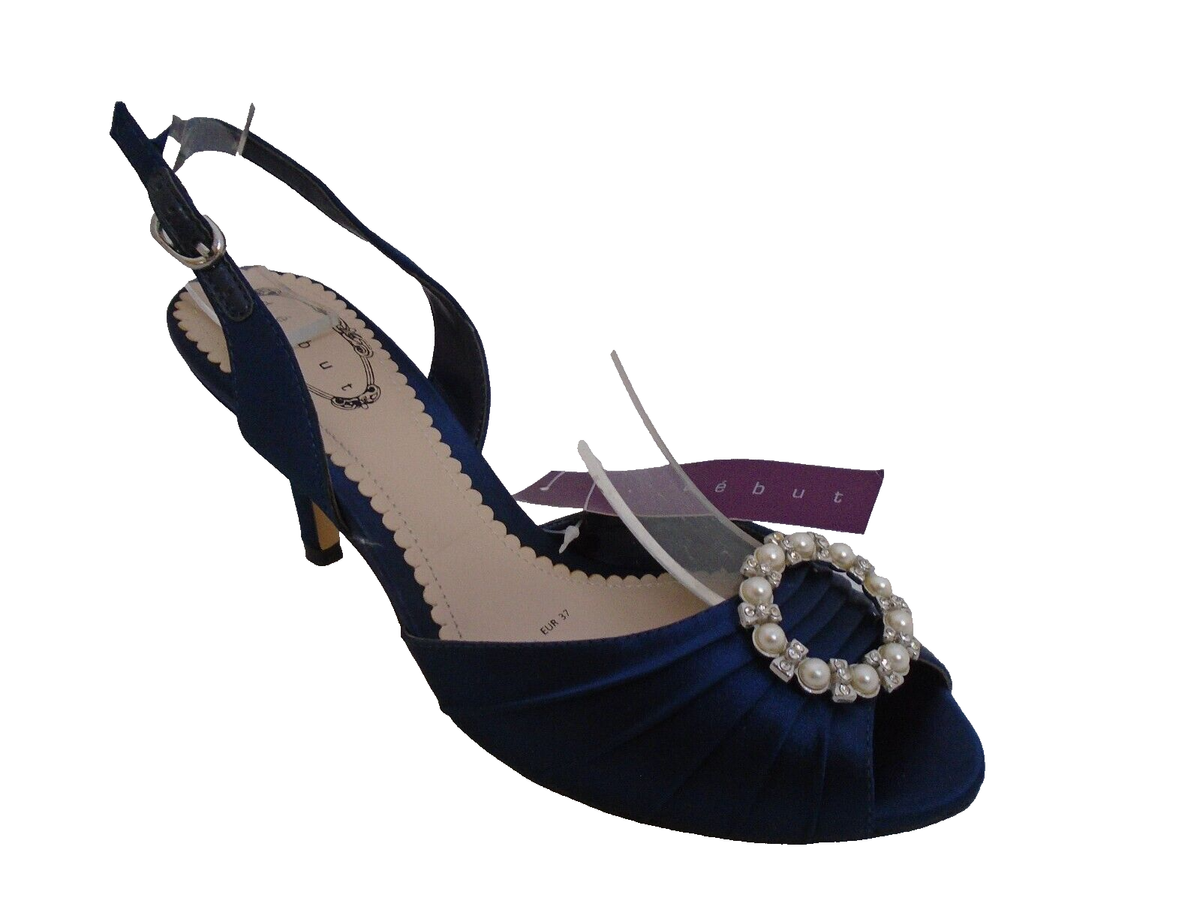 DEBUT NAVY SATIN SLINGBACK DIAMANTE PEARL LADIES HEELS SANDALS UK