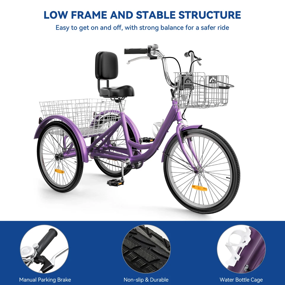 Triciclo adulto triciclo adulto 24" 1 velocidad 3 ruedas morado bicicletas con cesta extraíble Foto 3 de 4