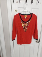 Ruby Rd Red Pullover Knit Sweater Sz Med Women Embellished Long Slv