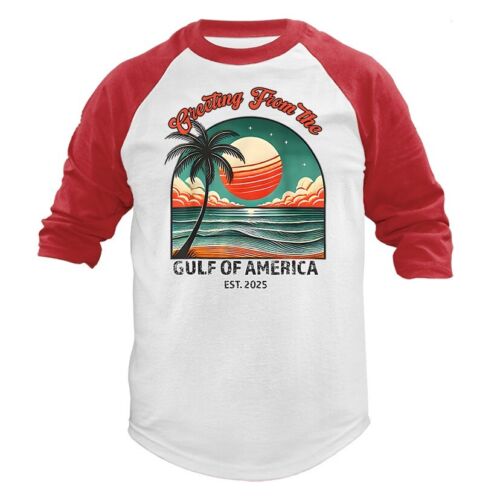 Saluto dal Golfo d'America Patriottico USA Donald Trump MAGA Manica 3/4 Raglan - Foto 10 di 10