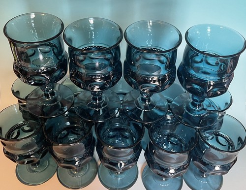 Indiana Glass Kings Crown Thumbprint Smokey Blue Goblets Set Of 14 - Picture 2 of 8