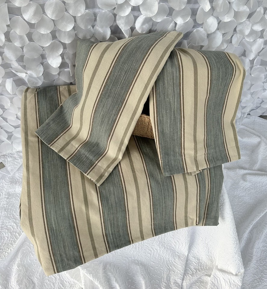 Pottery Barn King Duvet Beige Teal Blue Green Striped Linen Cotton 2