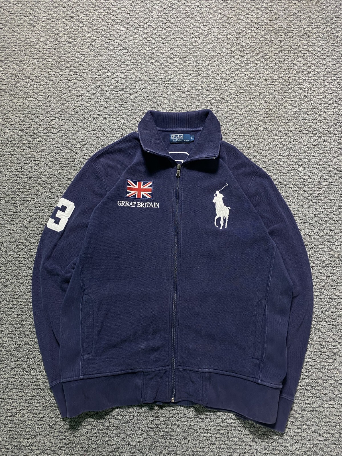 Polo vintage Mwns L ralph lauren big pony zip grande giacca britannica blu