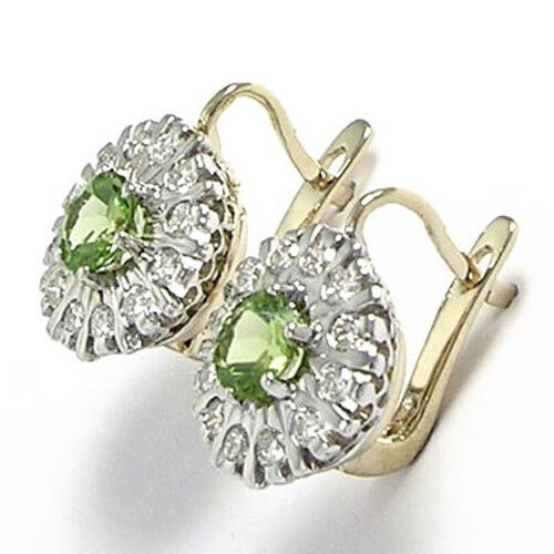European Style Diamond and Peridot earrings in 14k Two-Tone Gold. #E543 - Picture 1 of 5