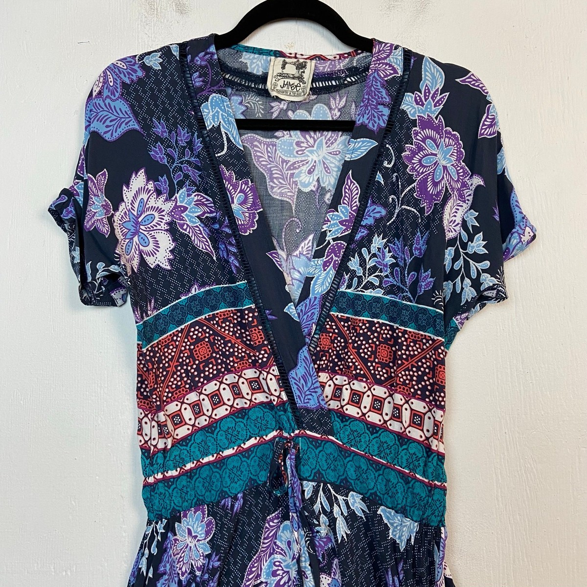 Jaase Blue Floral V-Neck Boho Cottage Ruffle Flowy Short Sleeve Maxi Dress  Small | eBay