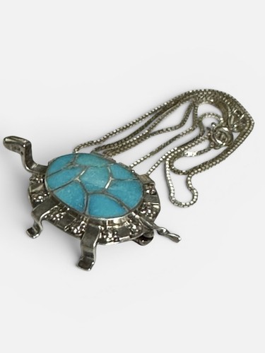 Zuni C Haloo Sterling Silver Turquoise Turtle Brooch Pendant 18” Necklace