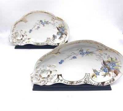 Set of 2 Porcelain Bone Dishes   1890s-1910 Victorian For-get-me-not Pattern(H1)