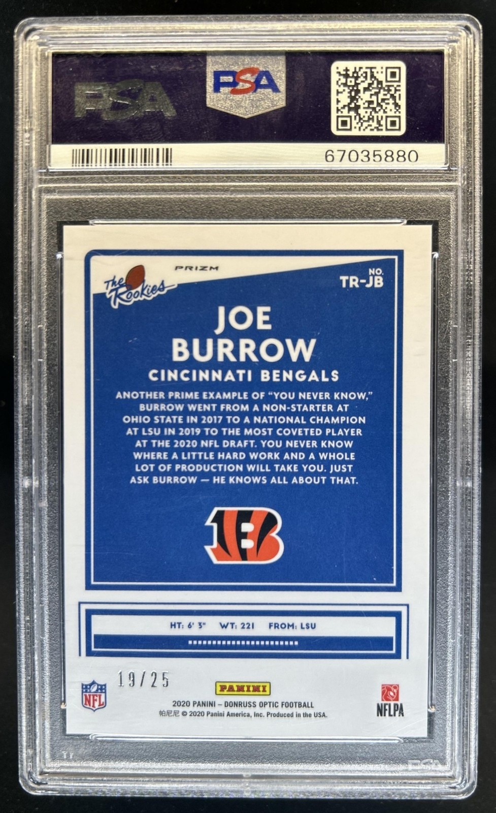2020 Panini Donruss Optic Joe Burrow The Rookies Black Pandora RC #/25 PSA 9 view 2
