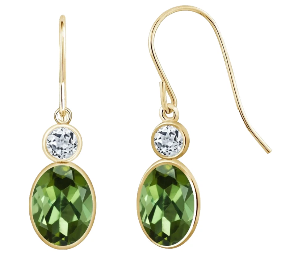 925 Yellow Gold Plated Silver Green Tourmaline and White Topaz Dangle Earrings - Image 3 of 4