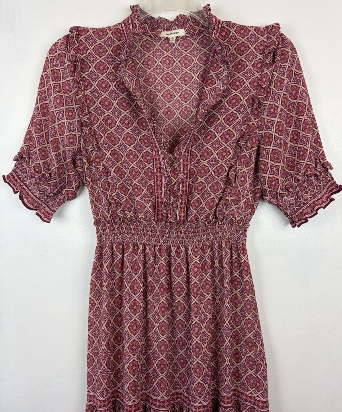 Maxi Dress Womens Large Short Sleeve Tiered Ruffled Neckline Smocked Waist-image