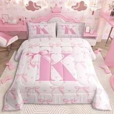 Cute Pink Bow Kids Bedding Set Size,Boys Girls Personalized Letter Full Pink K