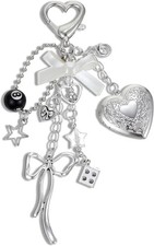 Silver Tone Bow Heart 8 Ball Dice Star Bag Charm Keychain