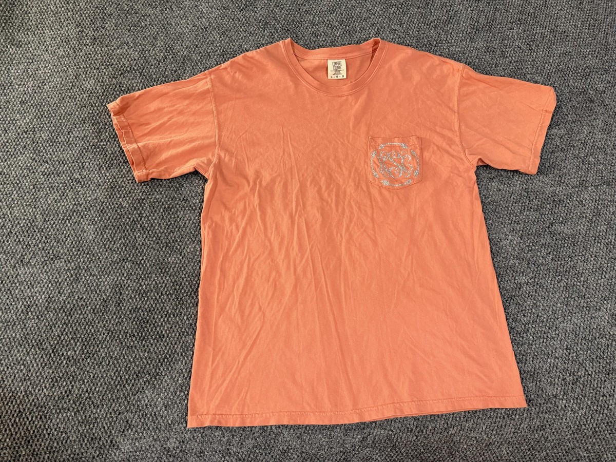 Comfort Colors Shirt Mens Large Orange Glitter Monogram Pocket Tee
