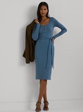 Lauren Ralph Lauren Women Blue Dusk Belted Rib-Knit Henley Dress Size L NWT 135$