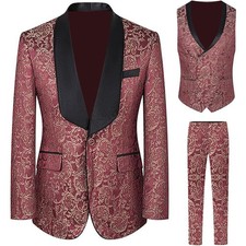 Men Burgundy Jacquard Paisley Shawl Lapel Blazer Prom Groom Tuxedo Wedding Suit
