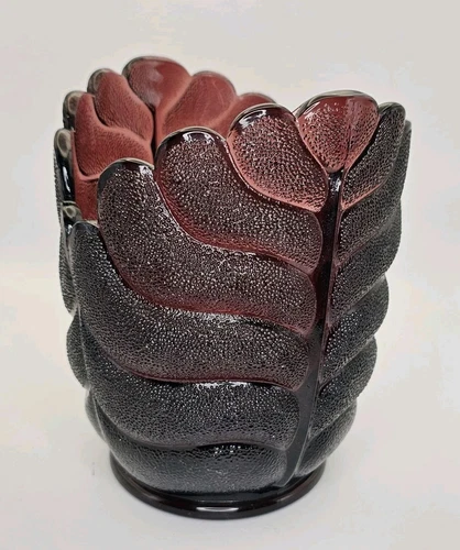 Vintage L.E. Smith Amethyst Glass Two Cabbage Leaf Heavy Glass Bowl 6.5"