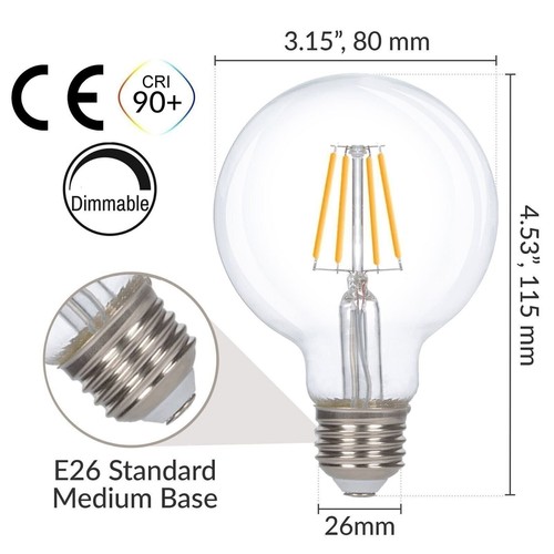 [3 Pack] LED Filament G25 Globe 6W 60W Equivalent 120V Dimmable Warm White 2700K - Picture 2 of 10