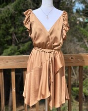 Satin Gold Mini Dress V-Neck Sleeveless Party Cocktail Short Dress Small
