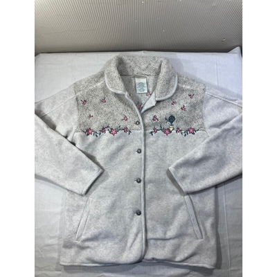 #ad Northern Reflections Fleece Button Up Jacket Womens M M Floral Bird Embroidered $28.99