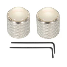 2 x Guitar Bass Dome Knob White Shell Top 6mm Silver Metal Volume Tone Control