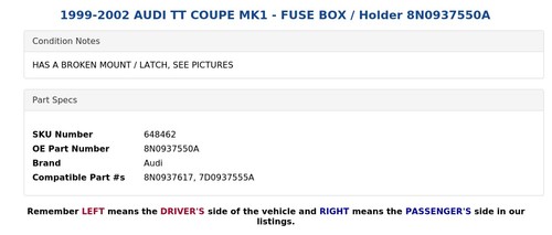 AUDI TT 1999-2002 CUPÉ MK1 - CAJA DE FUSIBLES / soporte 8N0937550A - Imagen 5 de 6
