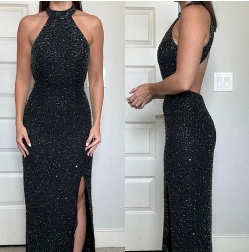 Vtg Cache 80s 90s Beaded Halter Prom Silk Maxi Dress Cutout Gown Black XS S - Picture 11 of 11