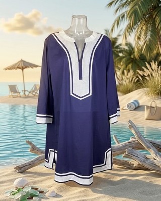 Debbie Katz South Beach Sandy Tunic Size XL Navy Blue White Cotton Resort NWT